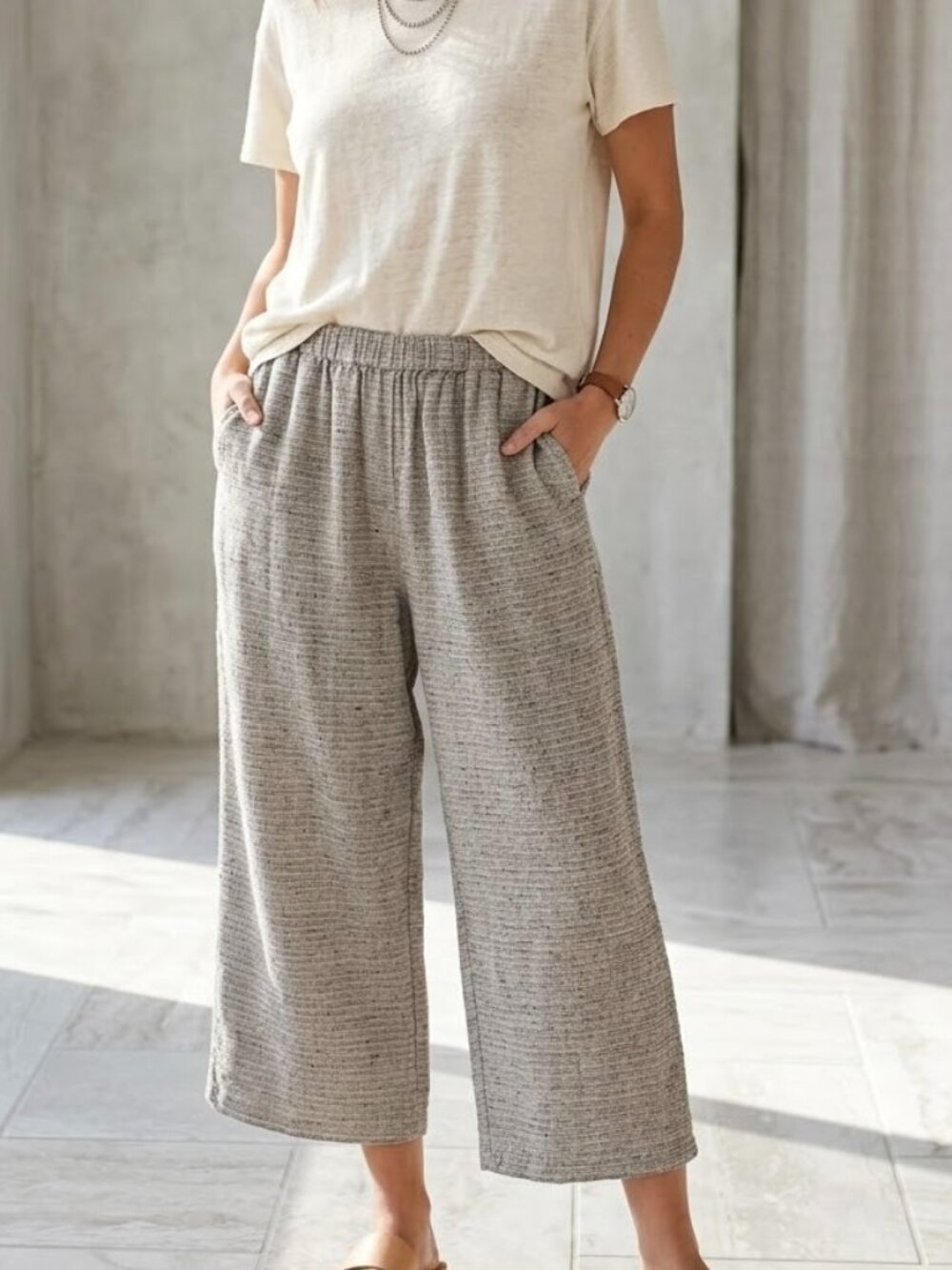NWT FLAX 100% Linen "Rica" Salt&Pepper Wide Leg Crop Pants Large Boho Lagenlook